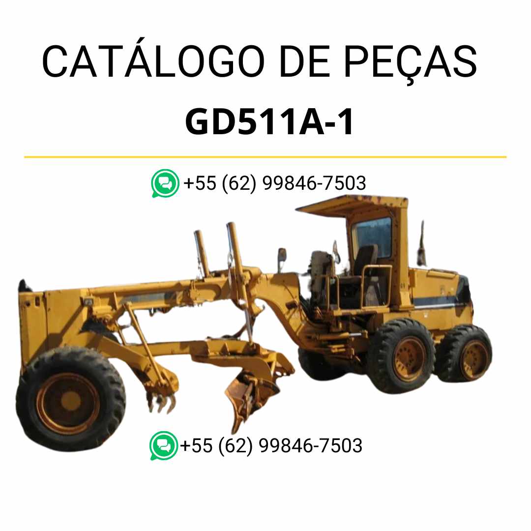 Catálogo de peças Komatsu GD521A-1 em PDF, com diagramas técnicos e organização detalhada dos conjuntos da motoniveladora.
