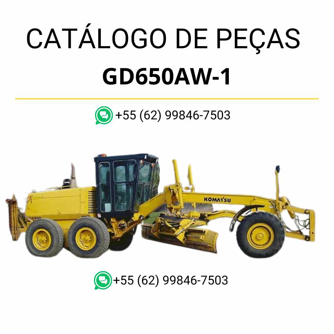 Catálogo de peças Komatsu GD650A-1 e GD650AW-1 Motoniveladora em PDF — inclui diagramas técnicos detalhados, vistas explodidas e lista completa de peças originais para manutenção e reparo.