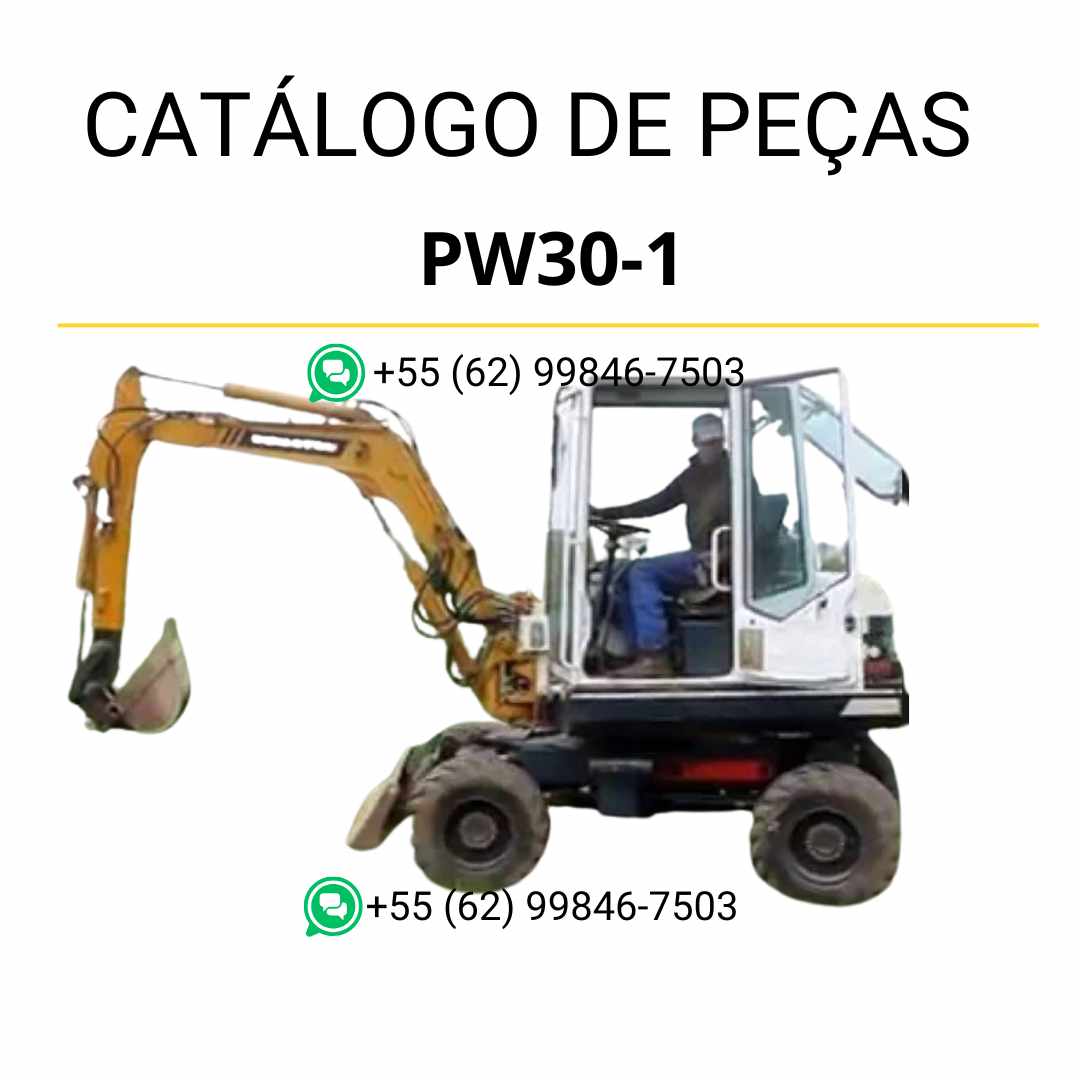 Catálogo de peças Komatsu PW30-1 em PDF com diagramas detalhados e identificação técnica dos componentes da escavadeira de rodas.