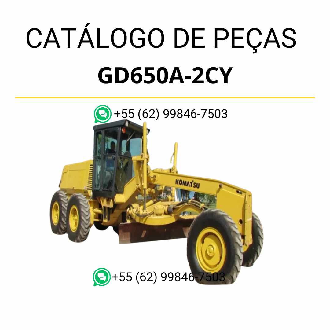 Catálogo de peças Komatsu GD650A-2CY Motoniveladora em PDF — apresenta diagramas técnicos detalhados, ilustrações de montagem e relação completa de componentes originais.
