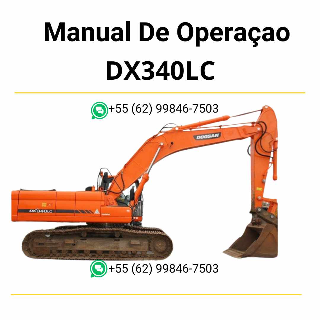 Manual de operação e manutenção em PDF do escavador hidráulico Doosan DX340LC com instruções completas de uso, cuidados preventivos e ajustes técnicos