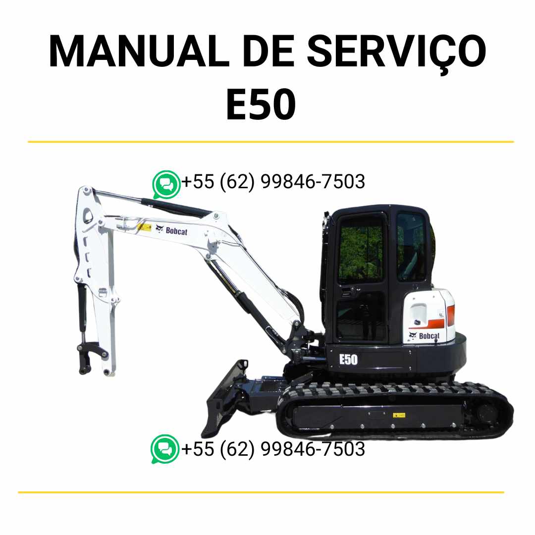 Manual de serviço Bobcat E50 em PDF com diagramas hidráulicos detalhados, procedimentos de manutenção e instruções técnicas completas.