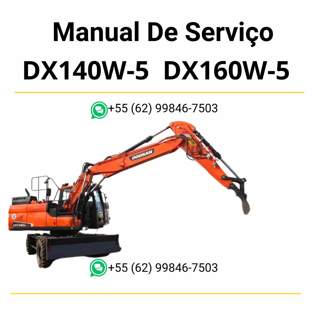Manual de serviço em PDF dos escavadores hidráulicos Doosan DX140W-5 e DX160W-5 com instruções completas de reparo, manutenção e ajustes técnicos