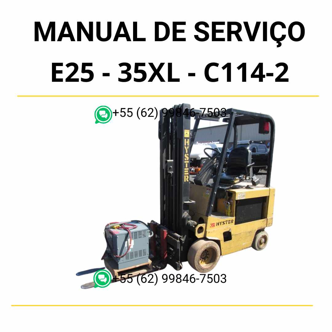 Manual de serviço Hyster E25-35XL em PDF — guia técnico completo com instruções de manutenção elétrica, hidráulica e reparo da empilhadeira industrial.