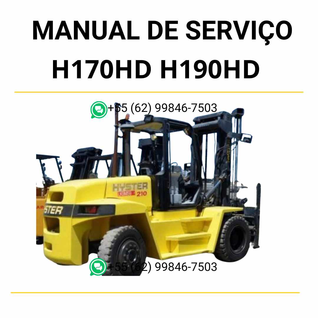 Manual de serviço Hyster H170HD, H190HD, H210HD e H230HD em PDF com instruções técnicas, ajustes e guia completo de manutenção de empilhadeiras.