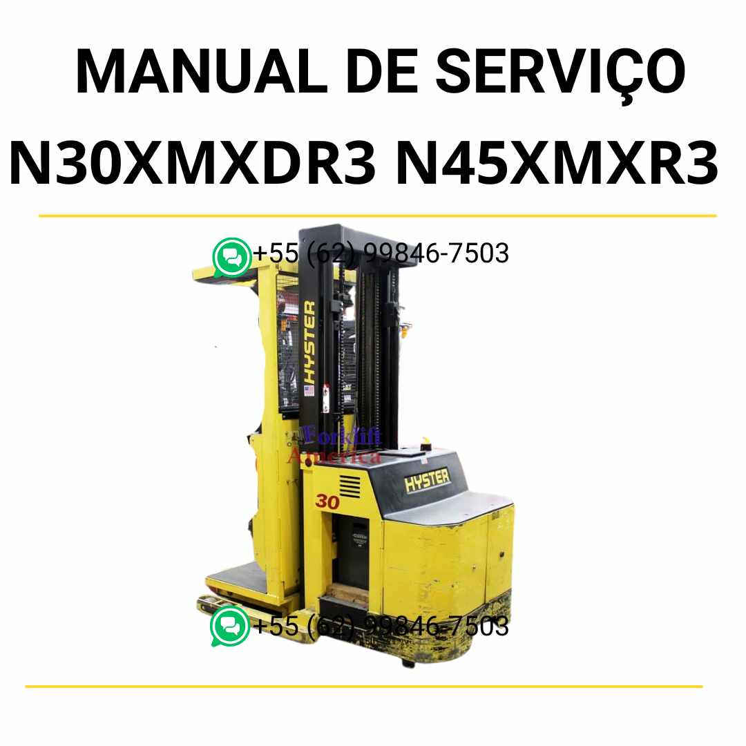 Manual de serviço Hyster N30XMXDR3 e N45XMXR3 em PDF com instruções detalhadas de manutenção para empilhadeira elétrica.