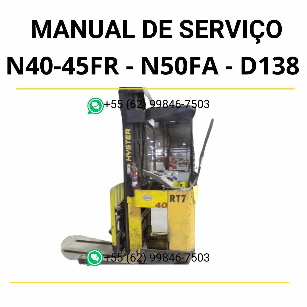 Manual de serviço Hyster N40-45FR e N50FA em PDF com diagramas técnicos e orientações completas para manutenção de empilhadeiras.