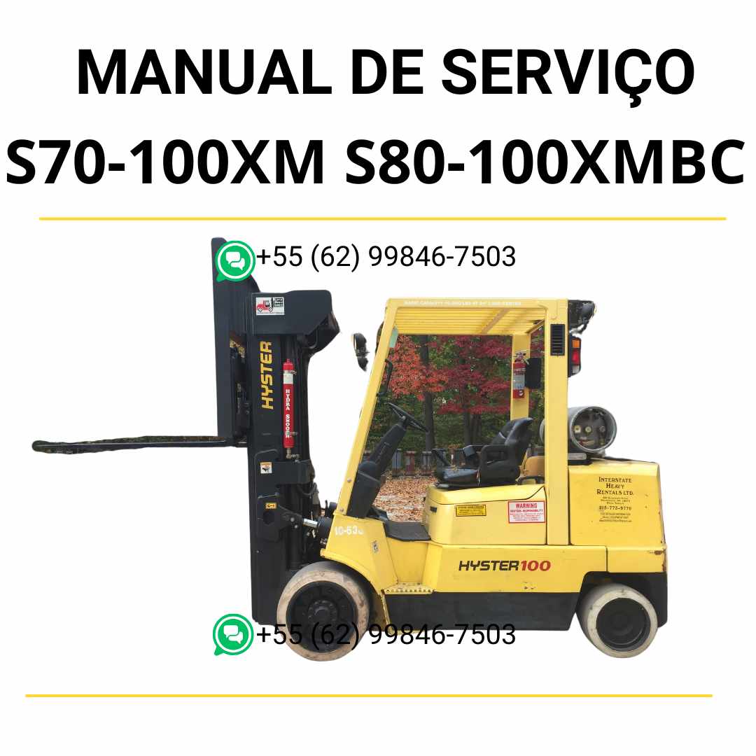 Manual de serviço Hyster S70-100XM, S80-100XMBCS e S120XMS em PDF — guia técnico completo com ilustrações e procedimentos detalhados de manutenção da empilhadeira.