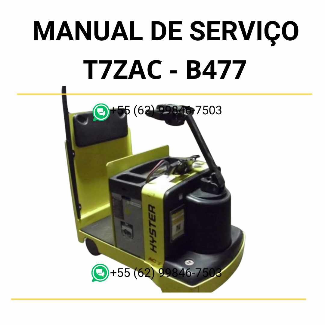 Manual de serviço Hyster T7ZAC (B477) em PDF com instruções detalhadas de manutenção, diagramas elétricos e orientações técnicas completas.