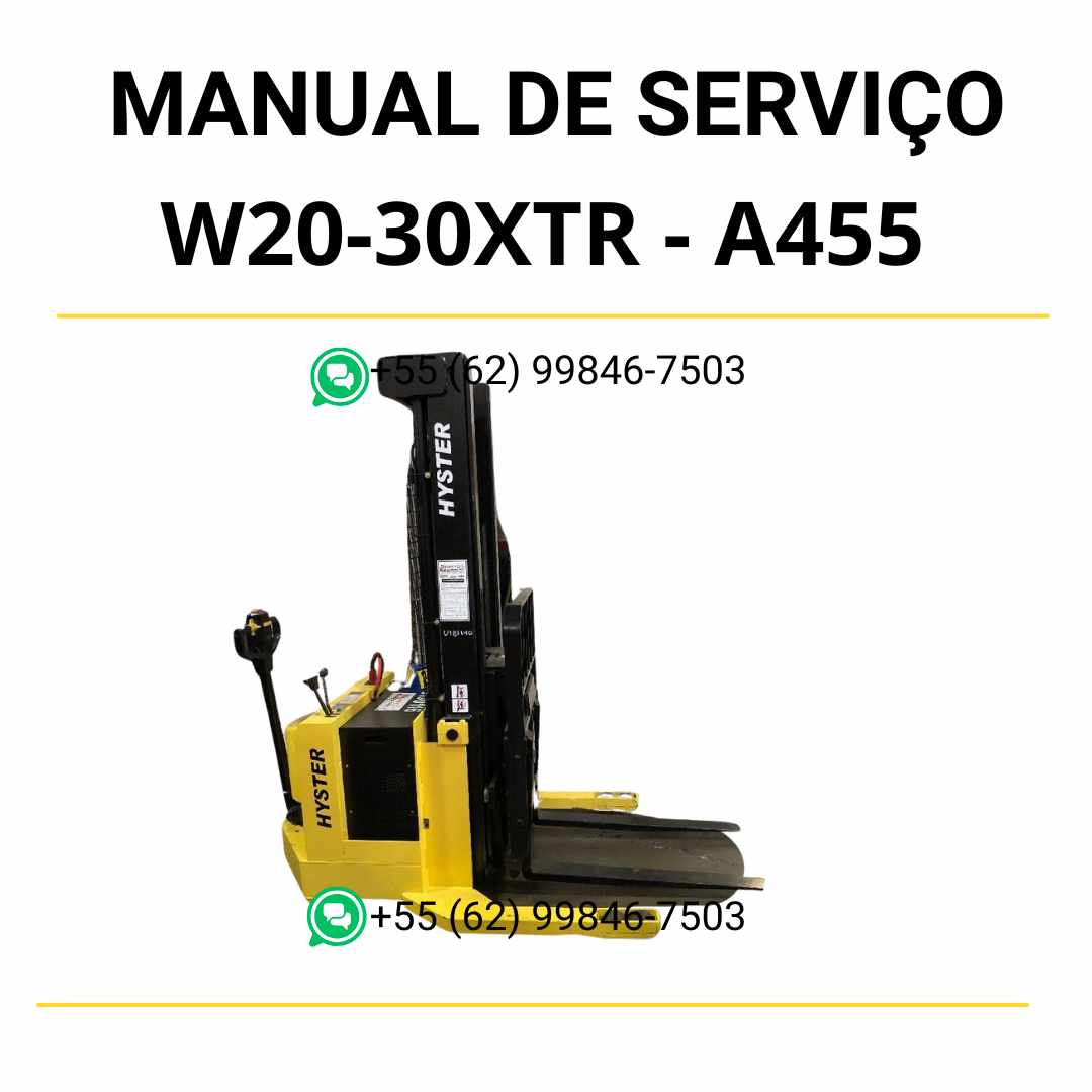 Manual de serviço Hyster W20-30XTR (A455) em PDF com guias detalhados de reparo, ajustes de componentes e diagramas hidráulicos completos.