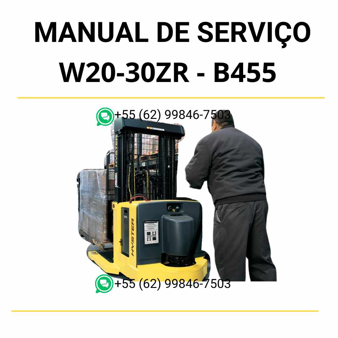 Manual de serviço Hyster W20-30ZR (B455) em PDF com instruções detalhadas de manutenção, diagramas técnicos e orientações completas de reparo.