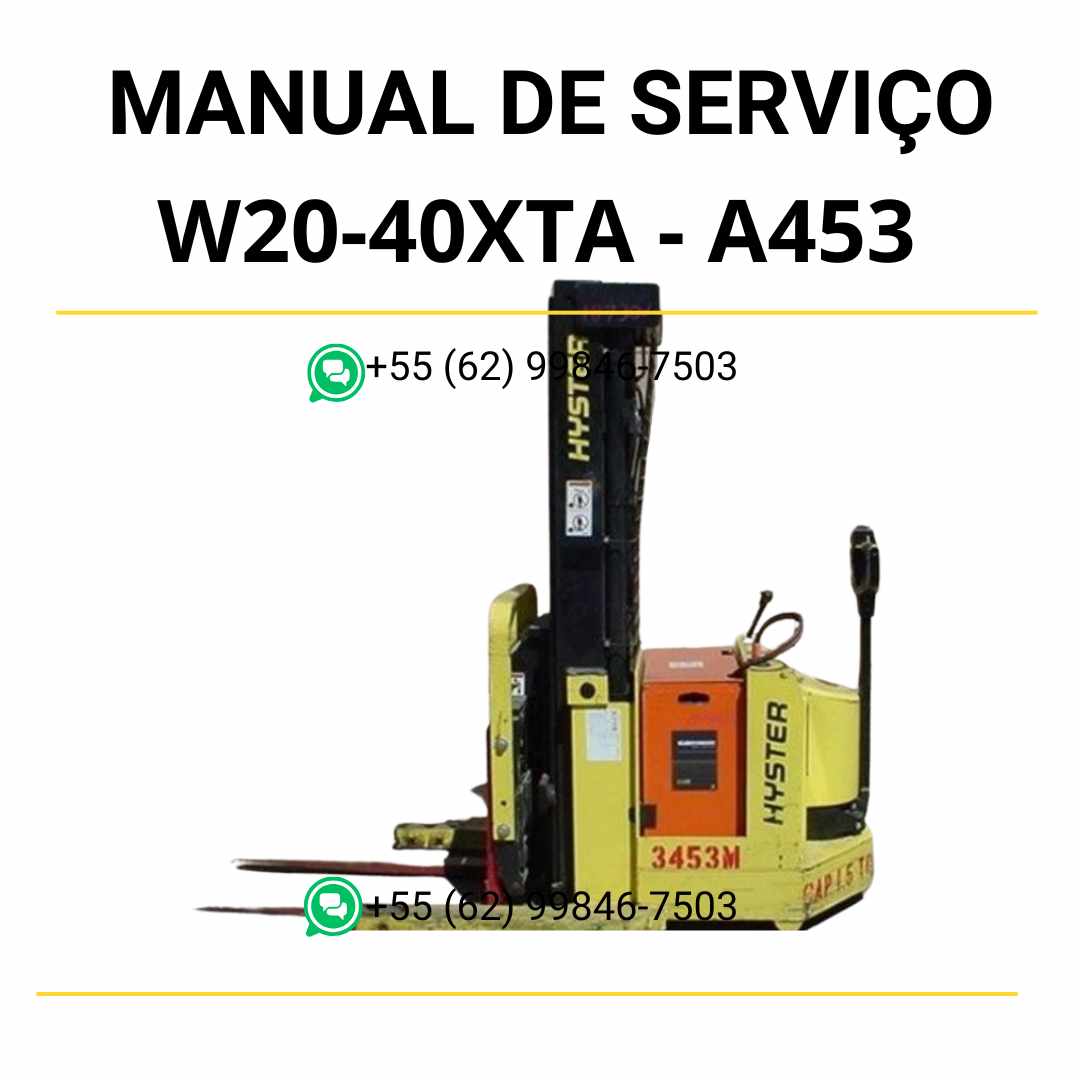 Manual de serviço Hyster W20-40XTA (A453) em PDF com instruções detalhadas de manutenção, ajustes de sistema e esquemas técnicos completos.