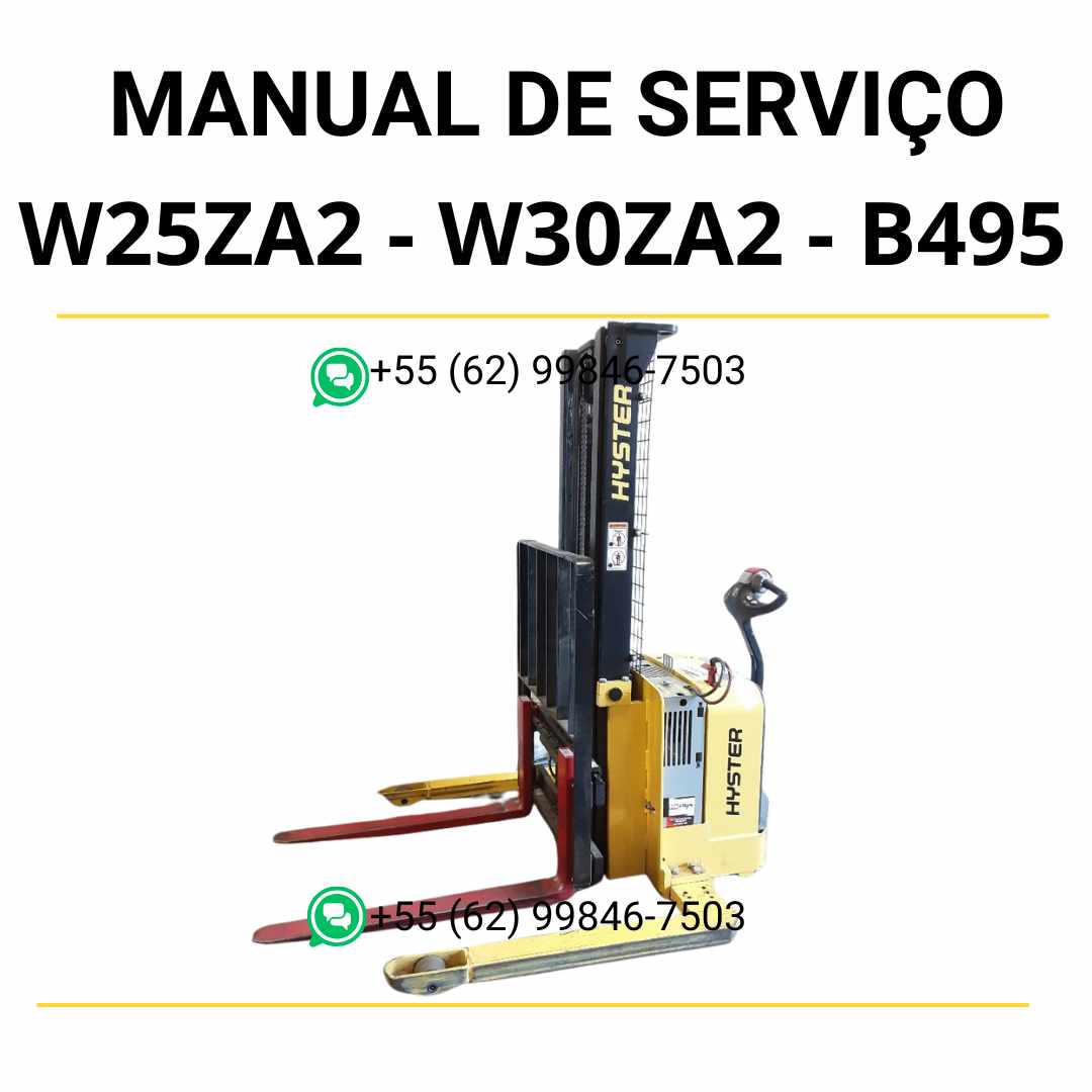 Manual de serviço Hyster W25ZA2 e W30ZA2 (B495) em PDF com guia técnico detalhado, diagramas elétricos e instruções completas de manutenção.