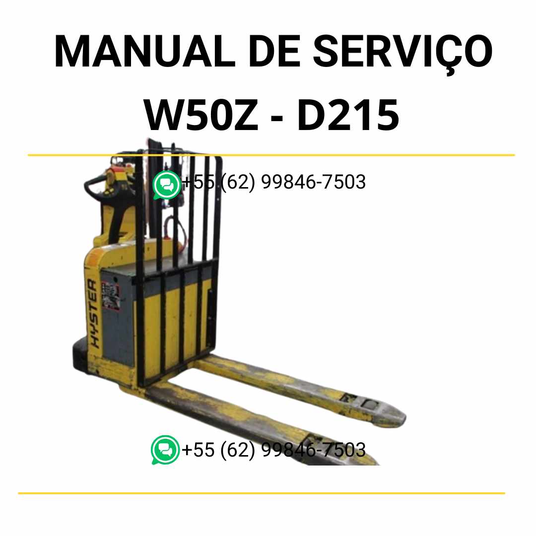 Manual de serviço Hyster W50Z (D215) em PDF com instruções detalhadas de manutenção, diagramas elétricos e guia técnico completo.