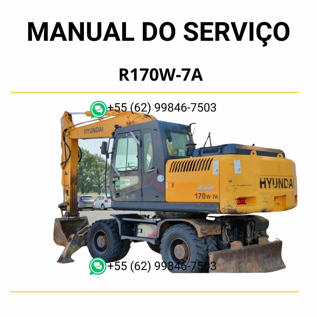 Manual de serviço Hyundai R170W-7A em PDF para escavador de rodas, guia completo de manutenção com instruções técnicas e diagramas ilustrados