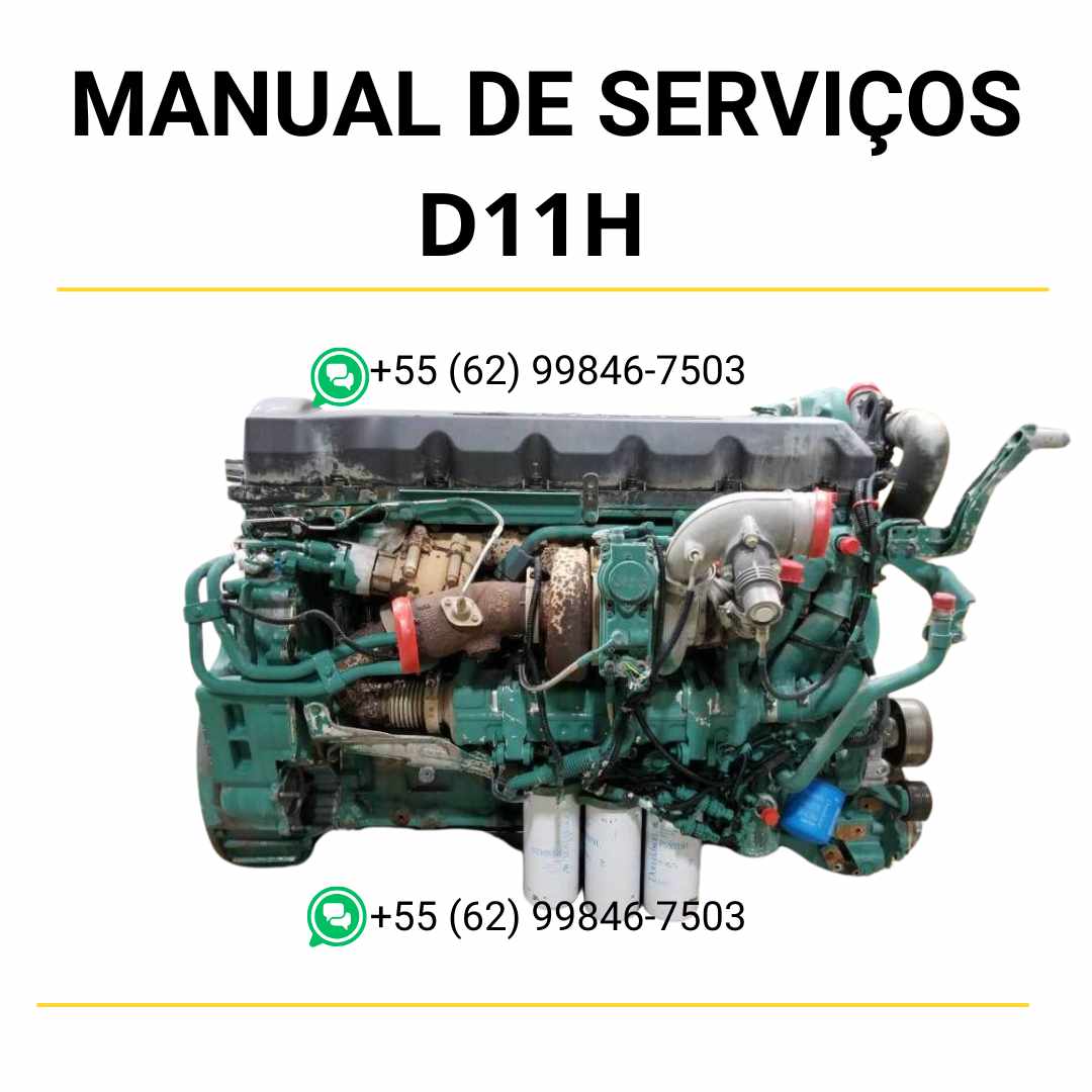 Manual de serviço de oficina do motor Volvo D11H em PDF, com instruções detalhadas de manutenção preventiva e reparos técnicos para máquinas Volvo