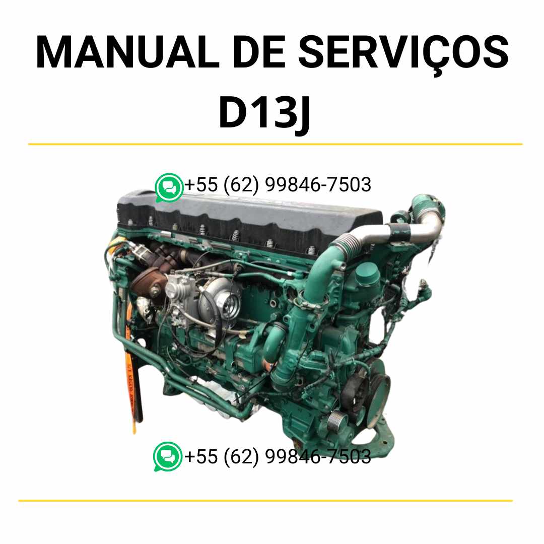 Manual de serviço de oficina do motor Volvo D13J em PDF, com conteúdo técnico detalhado para manutenção, ajustes e reparos de máquinas Volvo