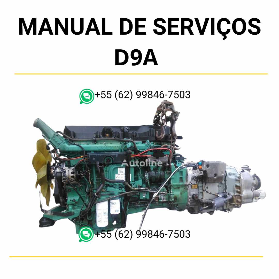 Manual de serviço de oficina do motor Volvo D9A em PDF, com instruções detalhadas de manutenção preventiva, diagnósticos e reparos em máquinas Volvo