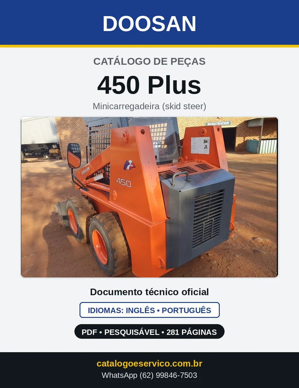 Capa do Catálogo de Peças Doosan 450 Plus em PDF, inglês e português