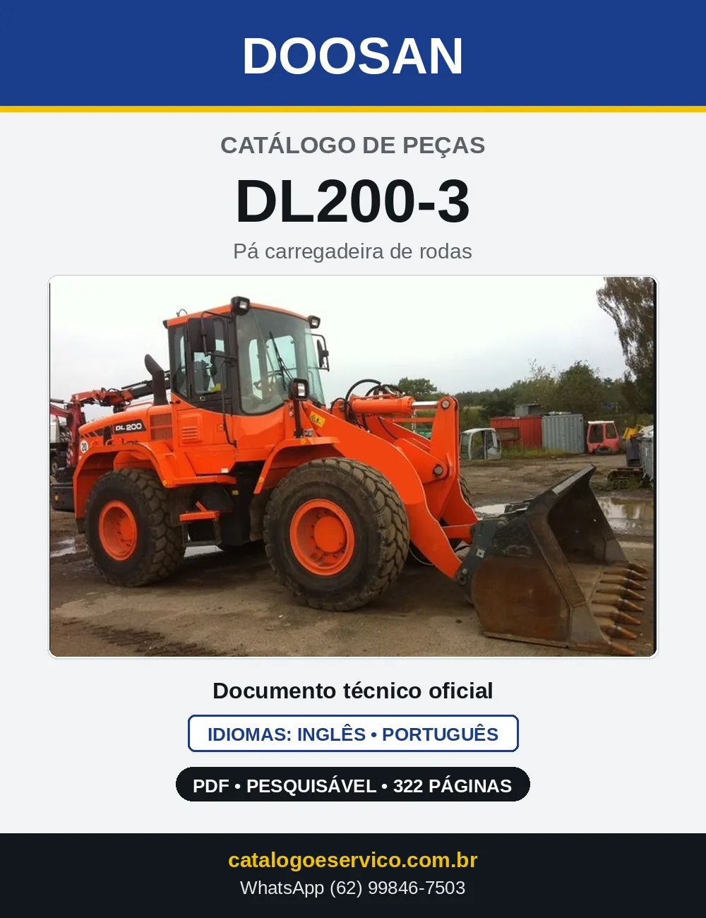 Capa do Catálogo de Peças Doosan DL200-3 em PDF, inglês e português
