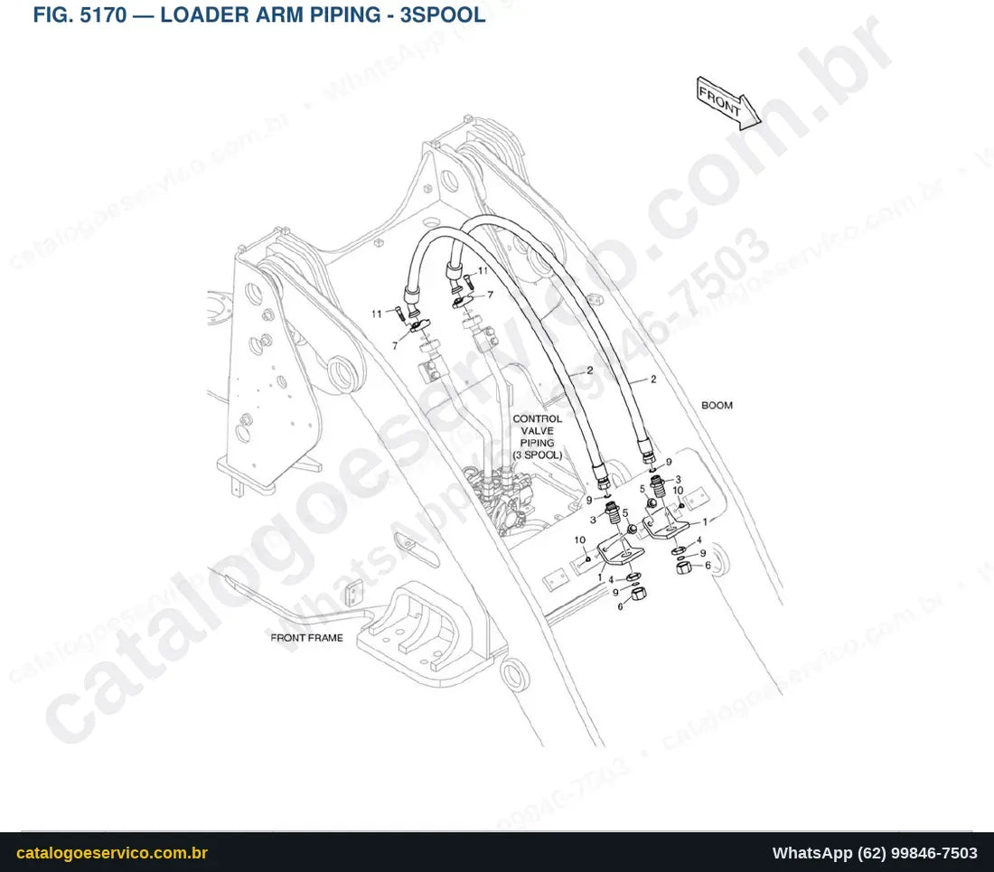 Vista explodida Loader Arm Piping - 3Spool - Catálogo de Peças Doosan DL200TC-5