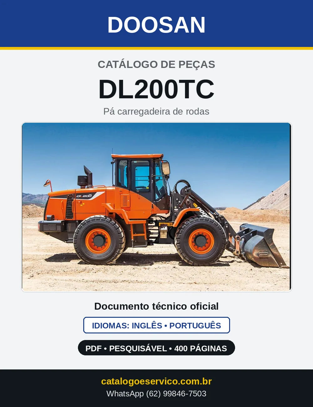 Capa do Catálogo de Peças Doosan DL200TC em PDF, inglês e português