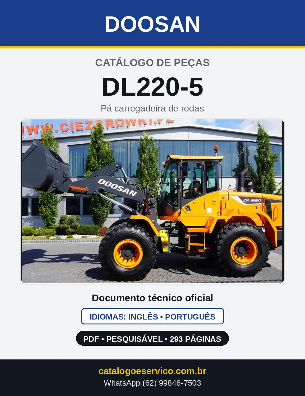 Capa do Catálogo de Peças Doosan DL220-5 em PDF, inglês e português