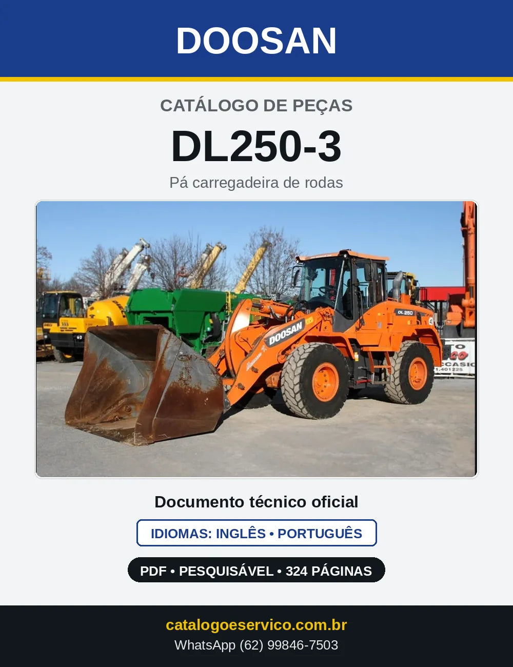 Capa do Catálogo de Peças Doosan DL250-3 em PDF, inglês e português