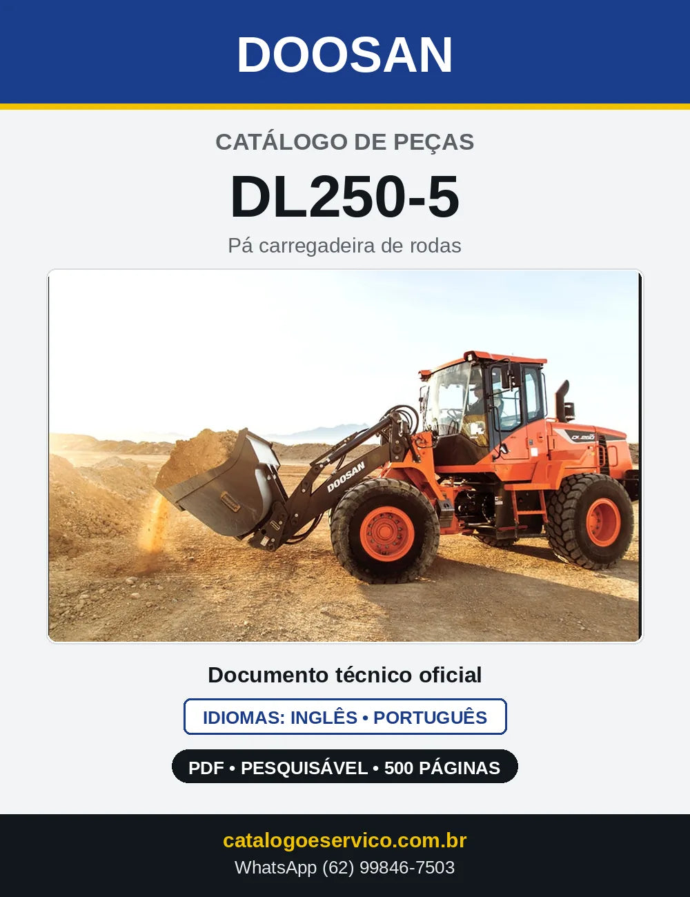 Capa do Catálogo de Peças Doosan DL250-5 em PDF, inglês e português