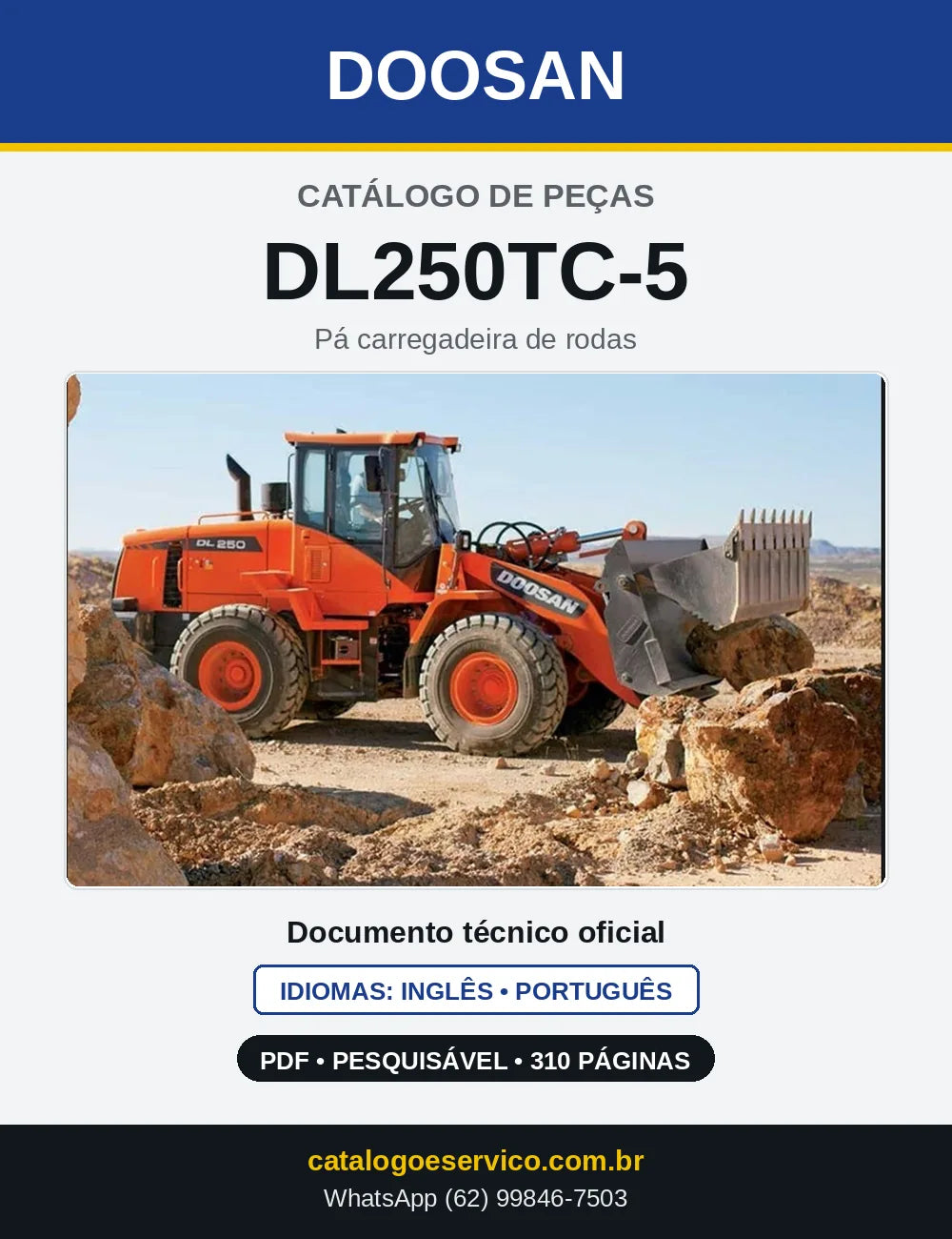 Capa do Catálogo de Peças Doosan DL250TC-5 em PDF, inglês e português