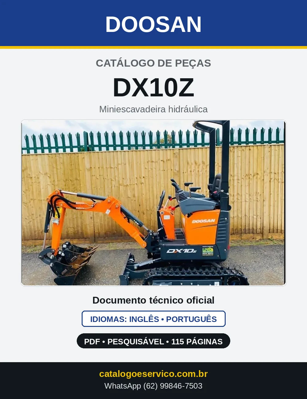 Capa do Catálogo de Peças Doosan DX10Z em PDF, inglês e português