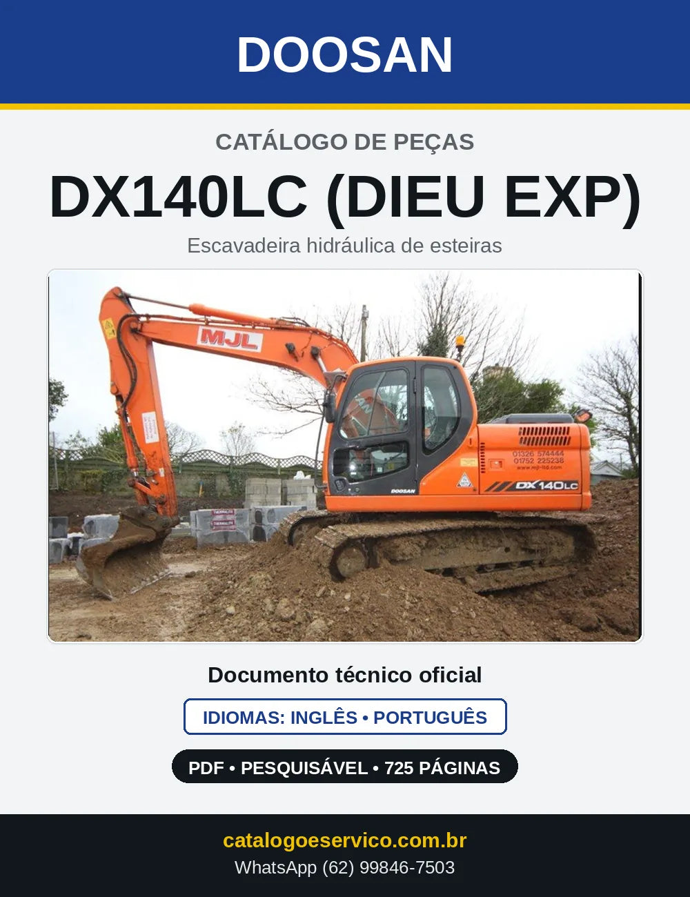 Capa do Catálogo de Peças Doosan DX140LC (DIEU EXP) em PDF, inglês e português