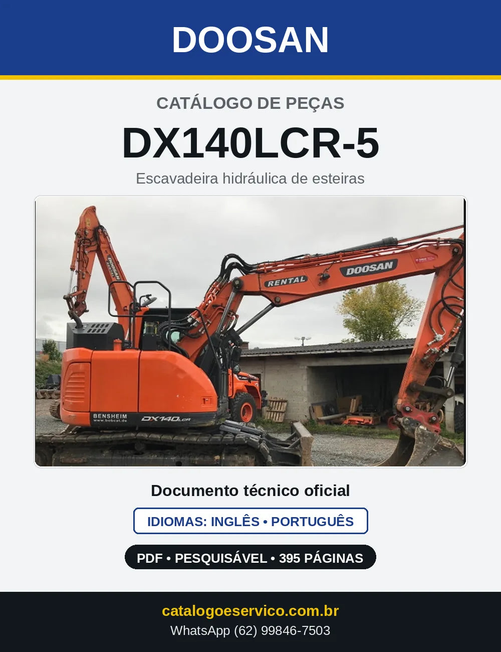 Capa do Catálogo de Peças Doosan DX140LCR-5 em PDF, inglês e português