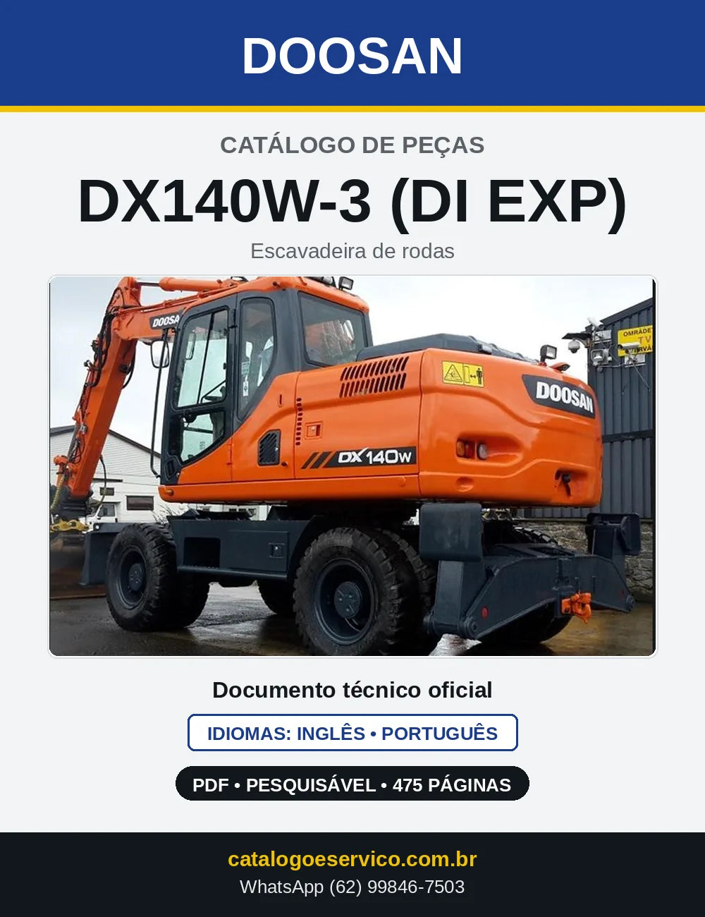 Capa do Catálogo de Peças Doosan DX140W-3 (DI EXP) em PDF, inglês e português