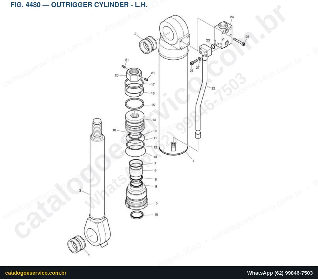 Vista explodida Outrigger Cylinder - L.H. - Catálogo de Peças Doosan DX140W-5