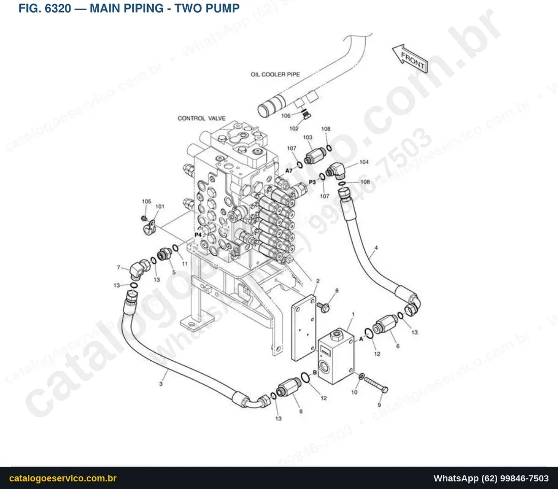 Vista explodida Main Piping - Two Pump - Catálogo de Peças Doosan DX140W-5