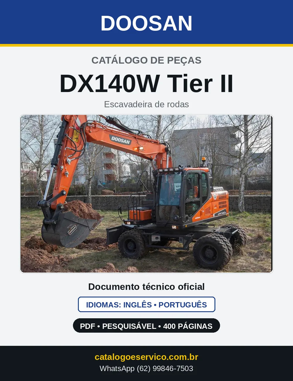 Capa do Catálogo de Peças Doosan DX140W Tier II em PDF, inglês e português