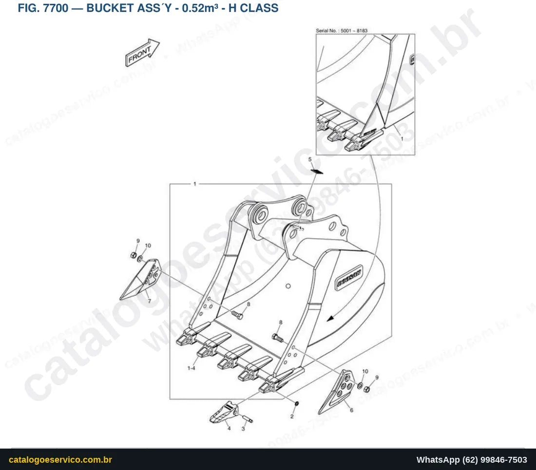 Vista explodida Bucket Ass´Y - 0.52M³ - H Class - Catálogo de Peças Doosan DX140W Tier II