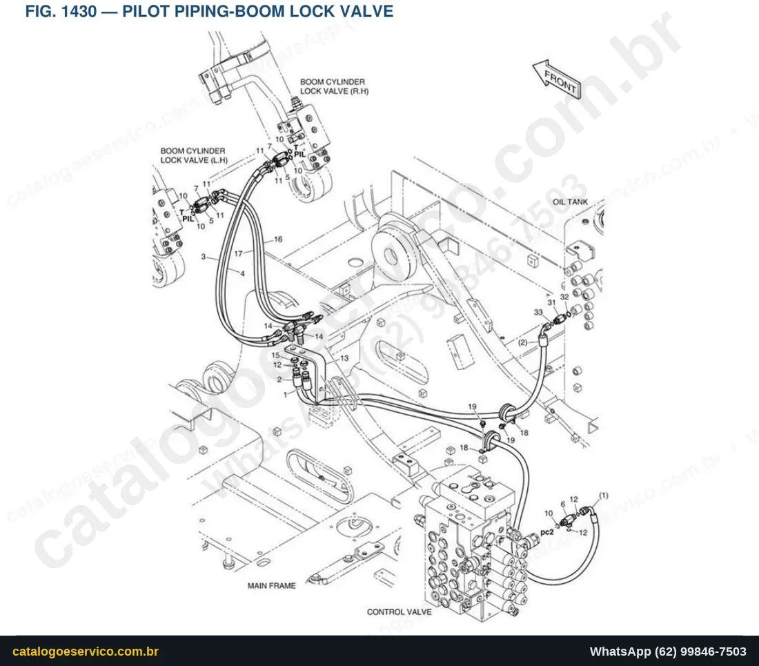 Vista explodida Pilot Piping-Boom Lock Valve - Catálogo de Peças Doosan DX160LC-3