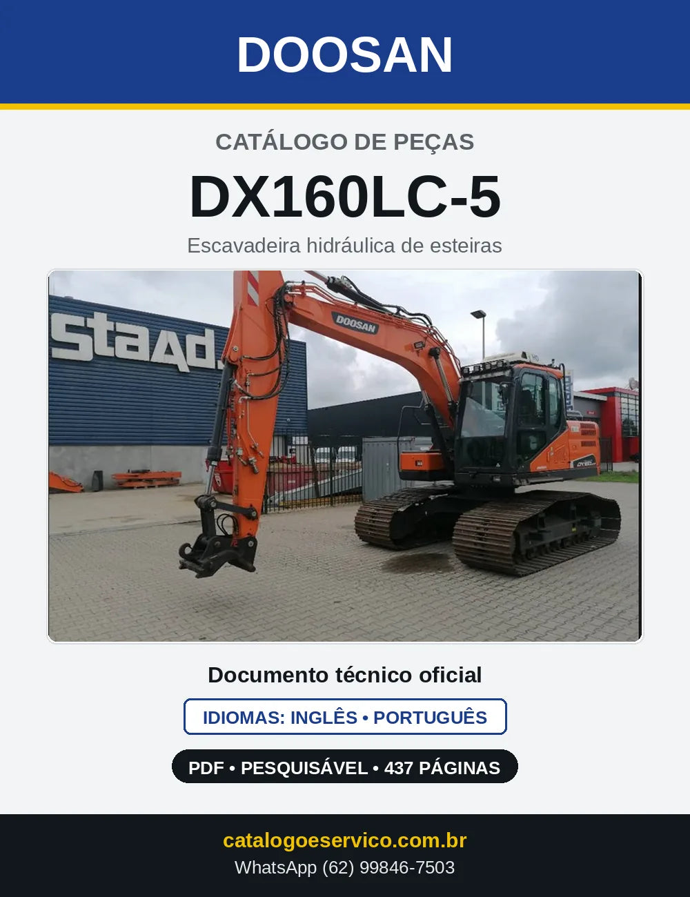 Capa do Catálogo de Peças Doosan DX160LC-5 em PDF, inglês e português