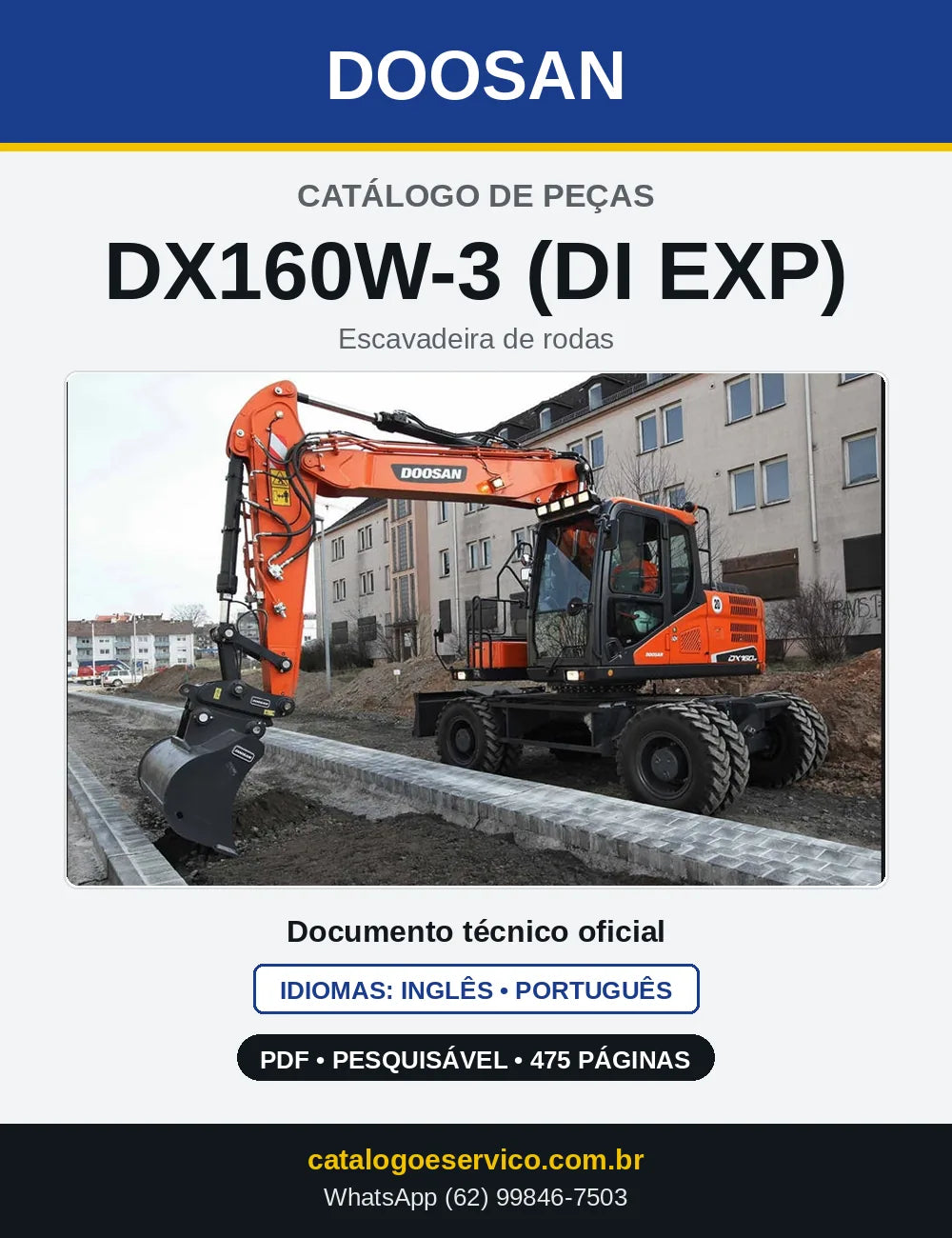 Capa do Catálogo de Peças Doosan DX160W-3 (DI EXP) em PDF, inglês e português