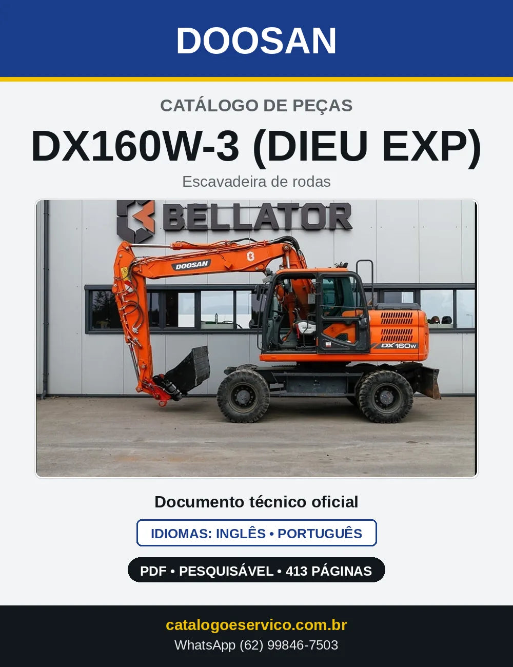 Capa do Catálogo de Peças Doosan DX160W-3 (DIEU EXP) em PDF, inglês e português