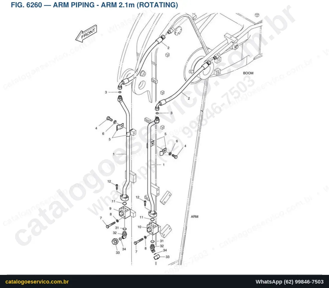 Vista explodida Arm Piping - Arm 2.1M (Rotating) - Catálogo de Peças Doosan DX160W-3 (DIEU EXP)