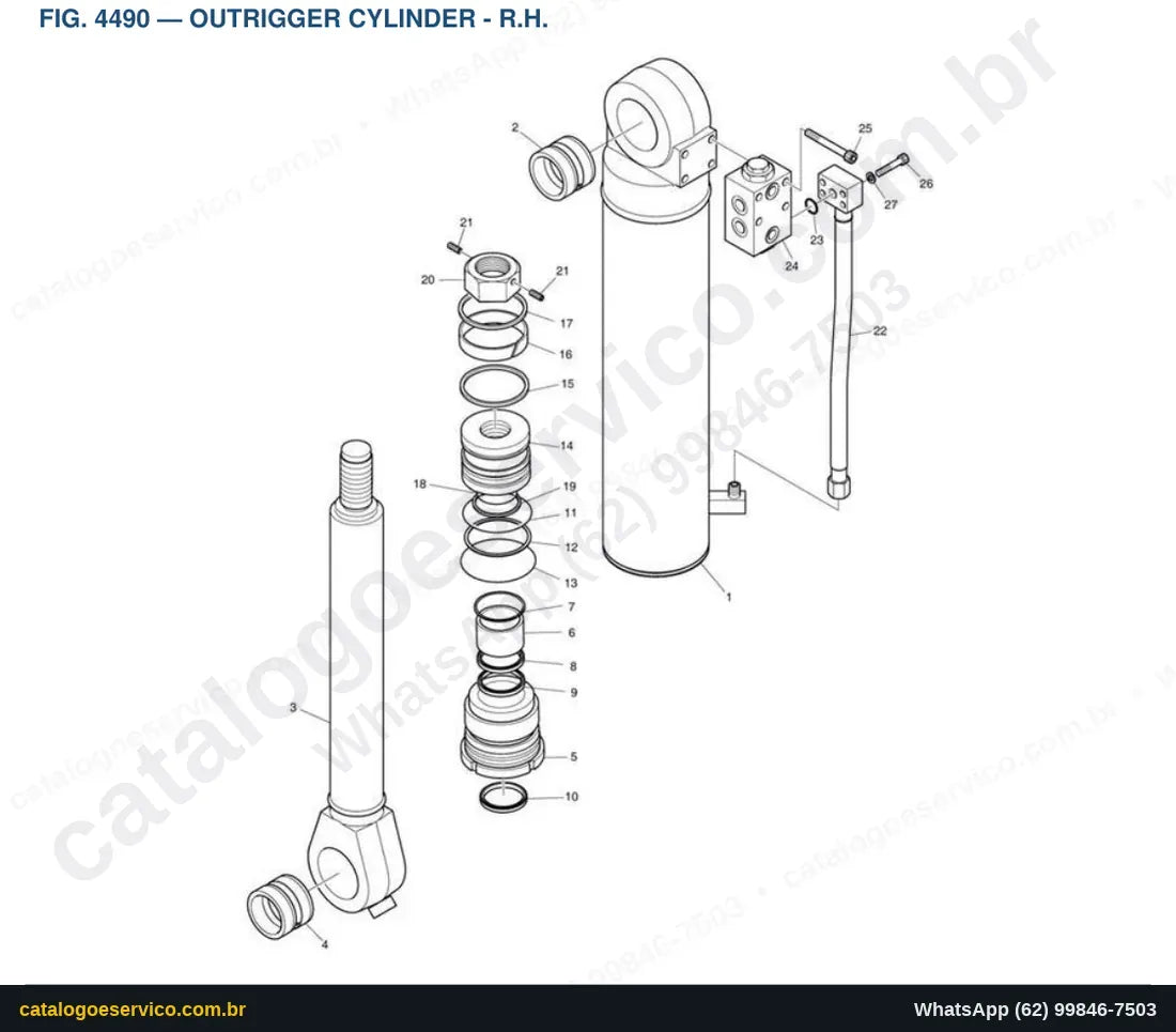 Vista explodida Outrigger Cylinder - R.H. - Catálogo de Peças Doosan DX160W-5