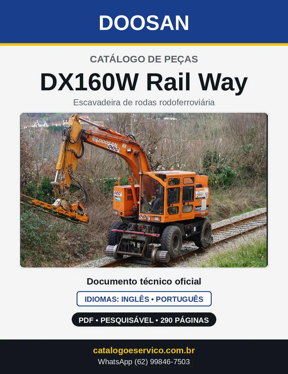 Capa do Catálogo de Peças Doosan DX160W Rail Way em PDF, inglês e português