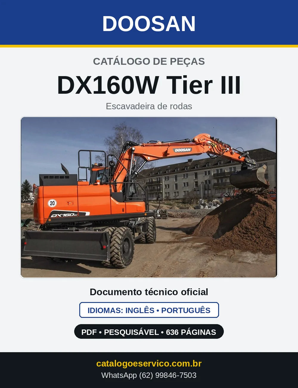 Capa do Catálogo de Peças Doosan DX160W Tier III em PDF, inglês e português