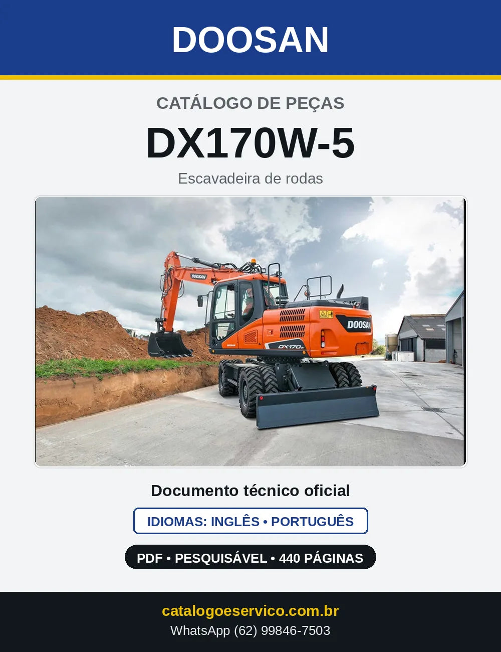 Capa do Catálogo de Peças Doosan DX170W-5 em PDF, inglês e português