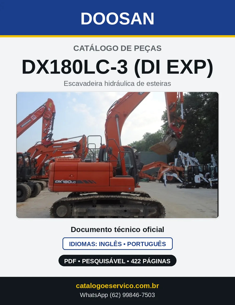 Capa do Catálogo de Peças Doosan DX180LC-3 (DI EXP) em PDF, inglês e português