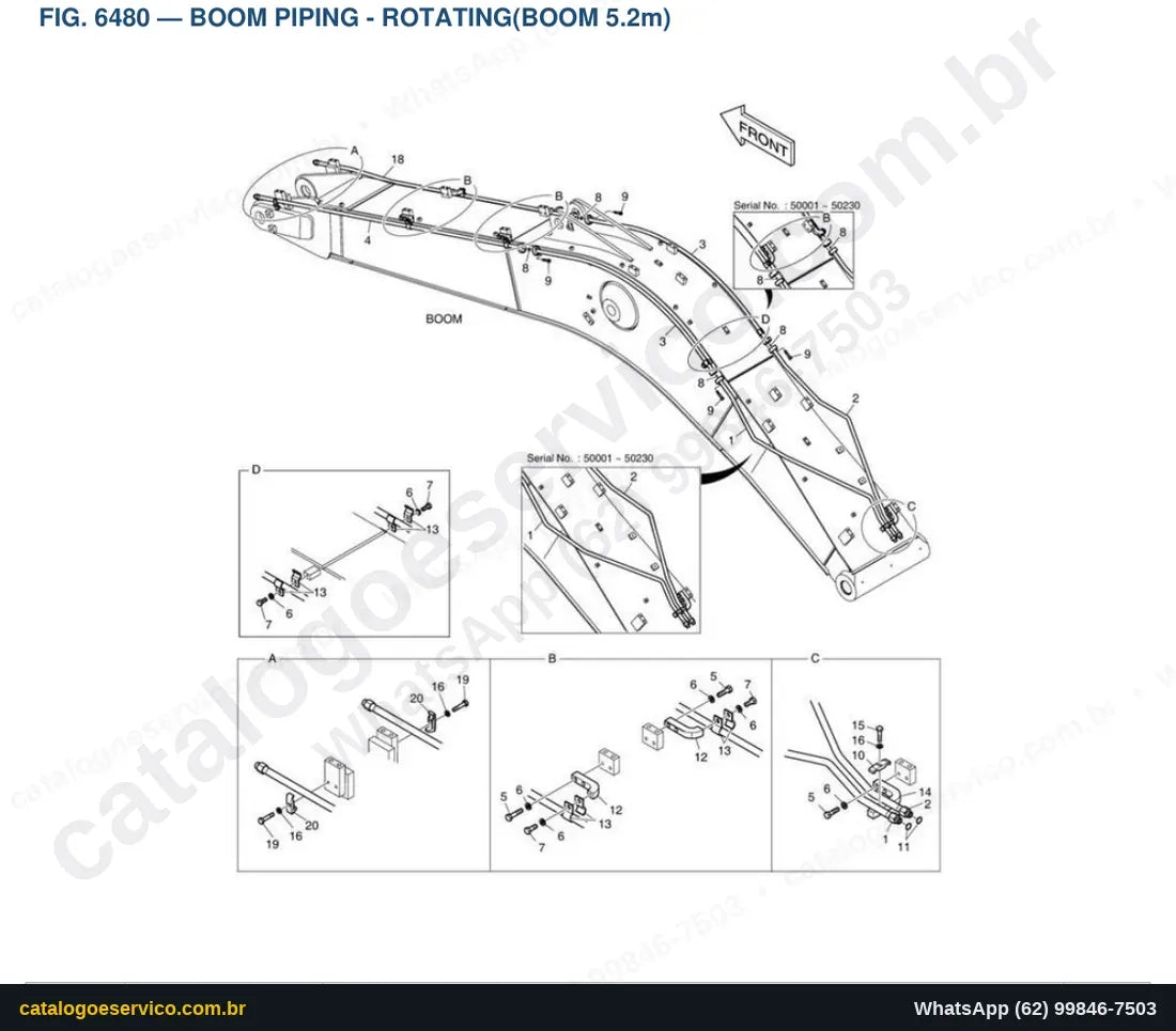 Vista explodida Boom Piping - Rotating(Boom 5.2M) - Catálogo de Peças Doosan DX180LC (DIEU EXP)