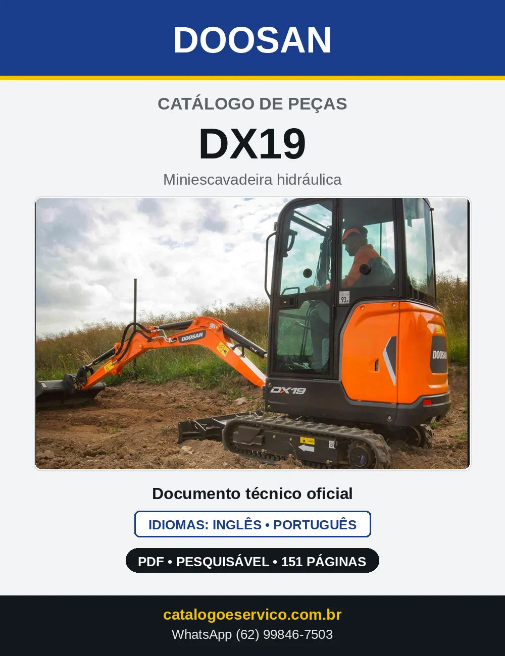 Capa do Catálogo de Peças Doosan DX19 em PDF, inglês e português